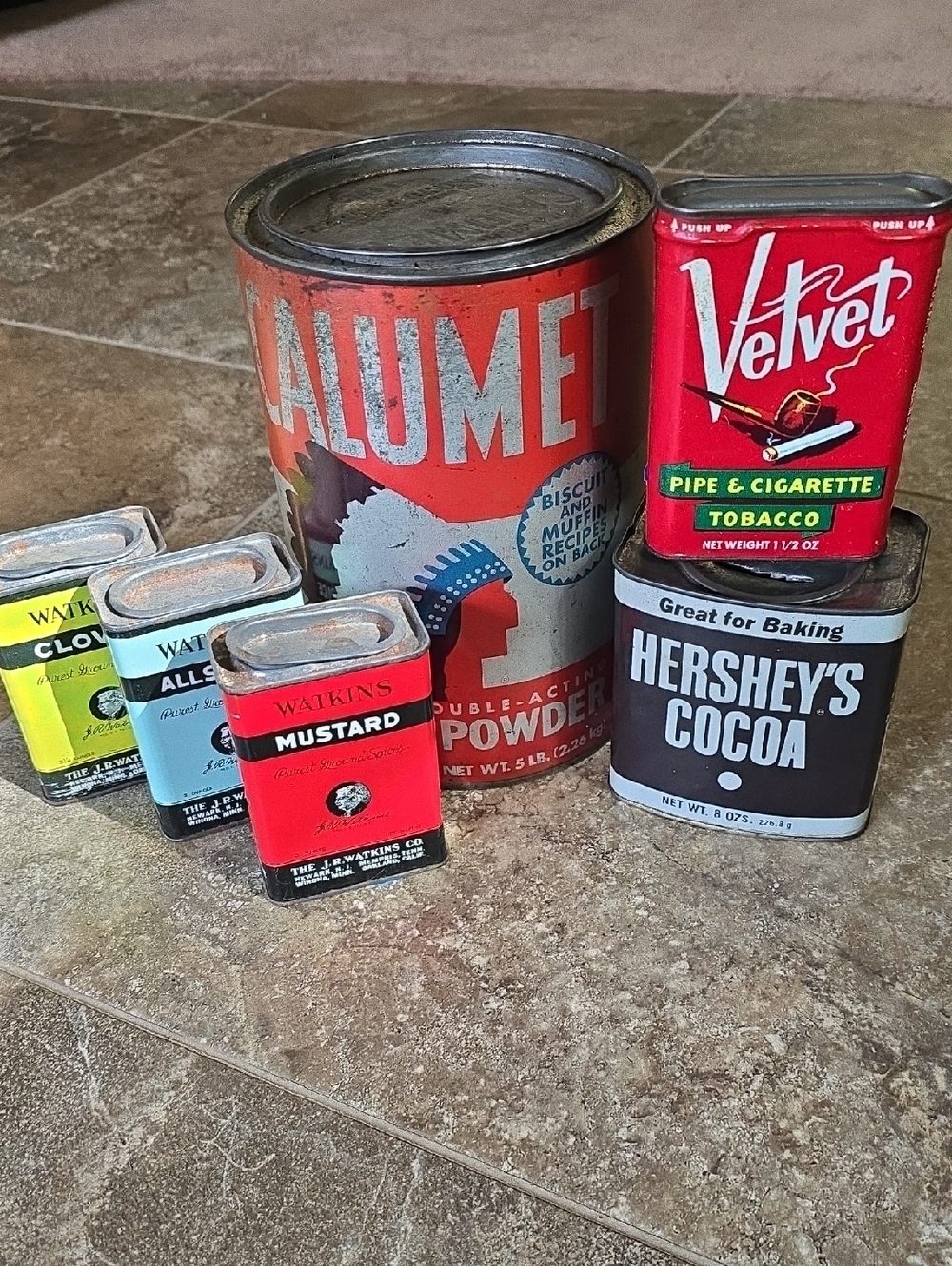 Vintage Calumet Baking Powder, Watkins Spice,Velvet Tabacco,Hershey Cocoa Tins
